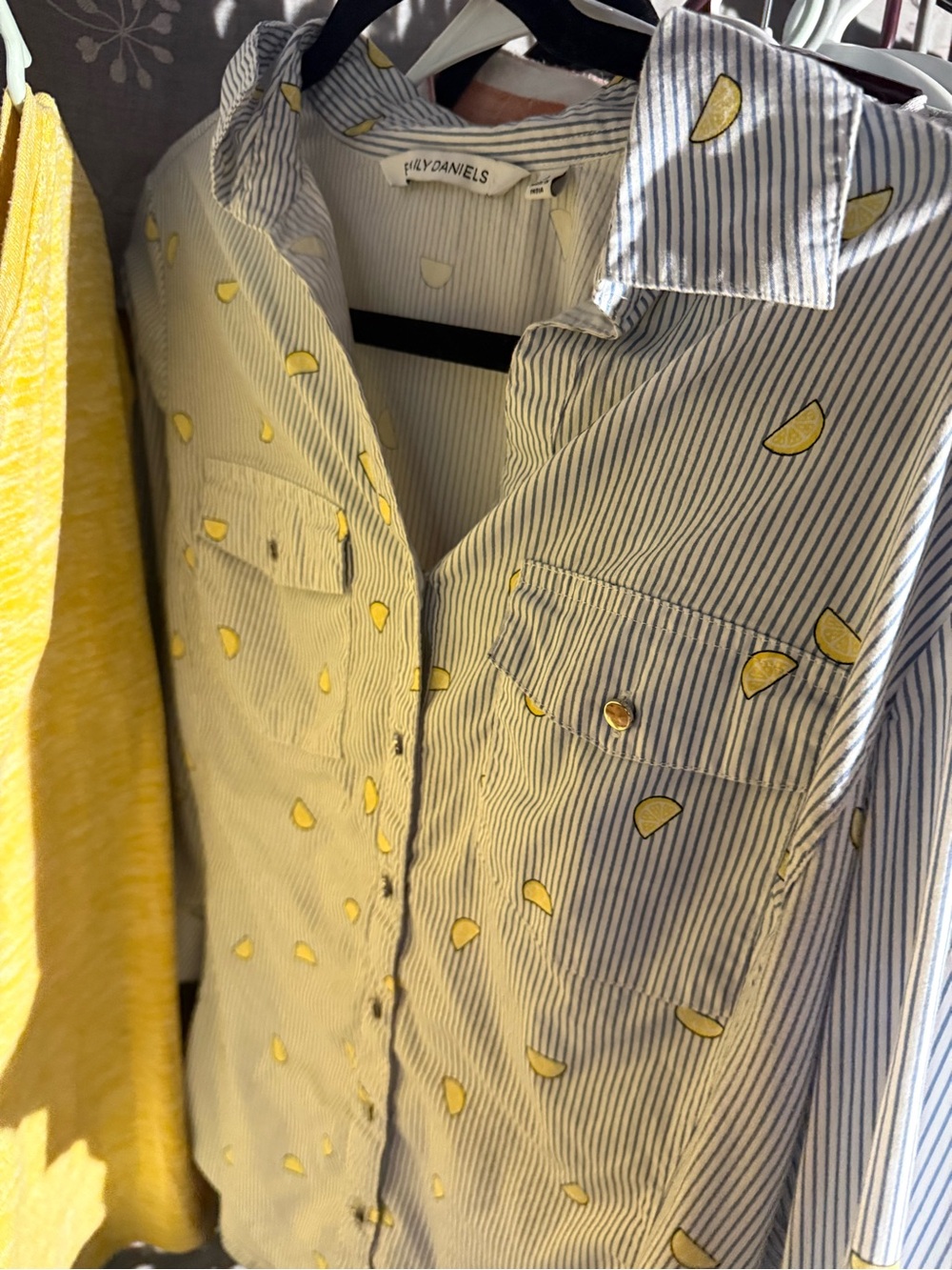 Peyton Daniels Women's Blue Stripe Button-Down Shirt with Yellow Lemon Motif